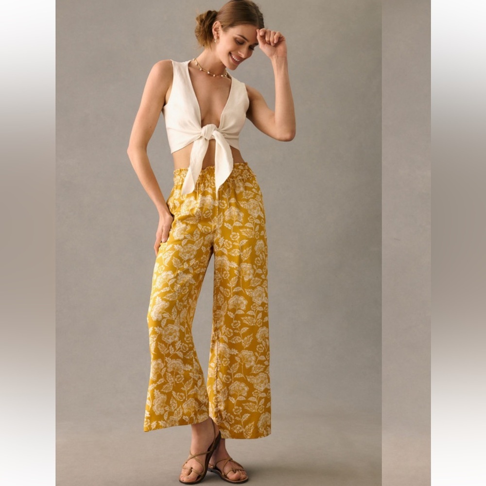 Anthropologie Gold Floral Wide Leg Pants Size XS Boho Beach